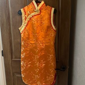 Vibrant Orange Floral Oriental Dress with Red Accents